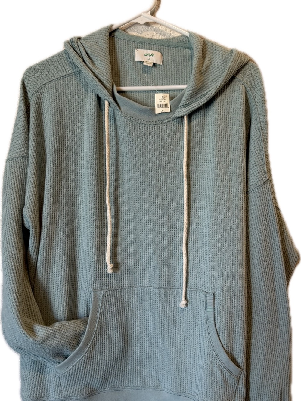 NWT Aerie Sage Green Waffle Knit Hoodie Oversized Pullover Sweatshirt Large - Picture 3 of 12